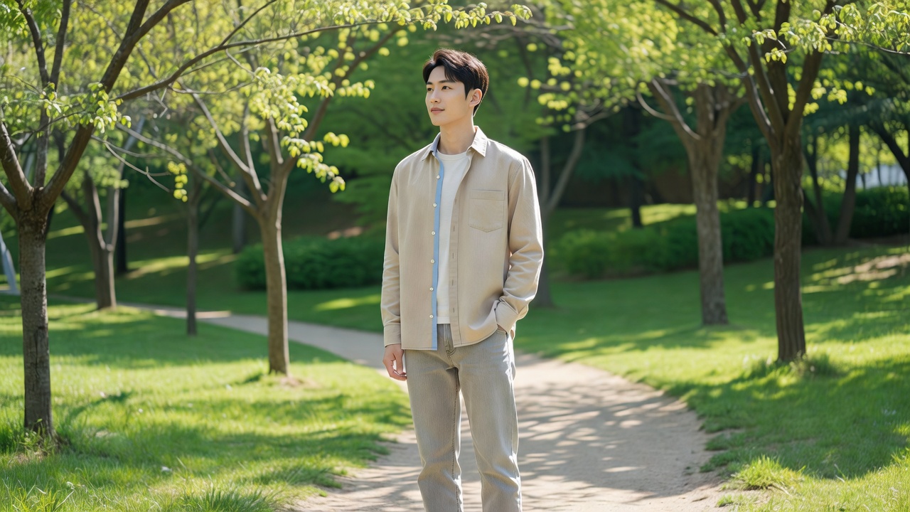봄 남성 캐주얼 코디를 입은 남성이 밝은 야외에 서 있는 모습