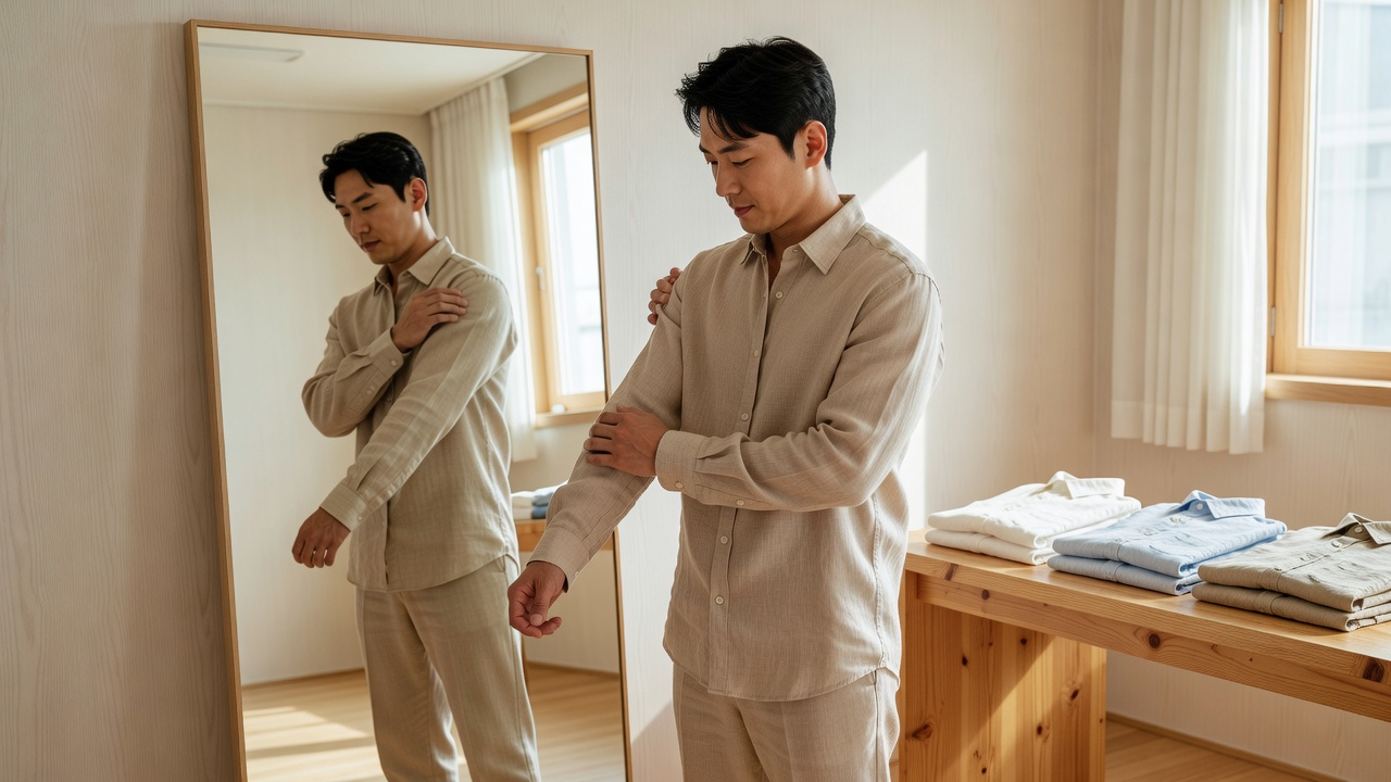 여름 남성 린넨 코디를 위한 셔츠 핏과 소재 확인 장면