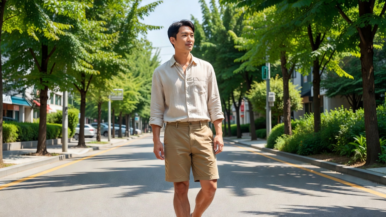 시원한 여름 남성 린넨 셔츠 코디를 보여주는 캐주얼 룩