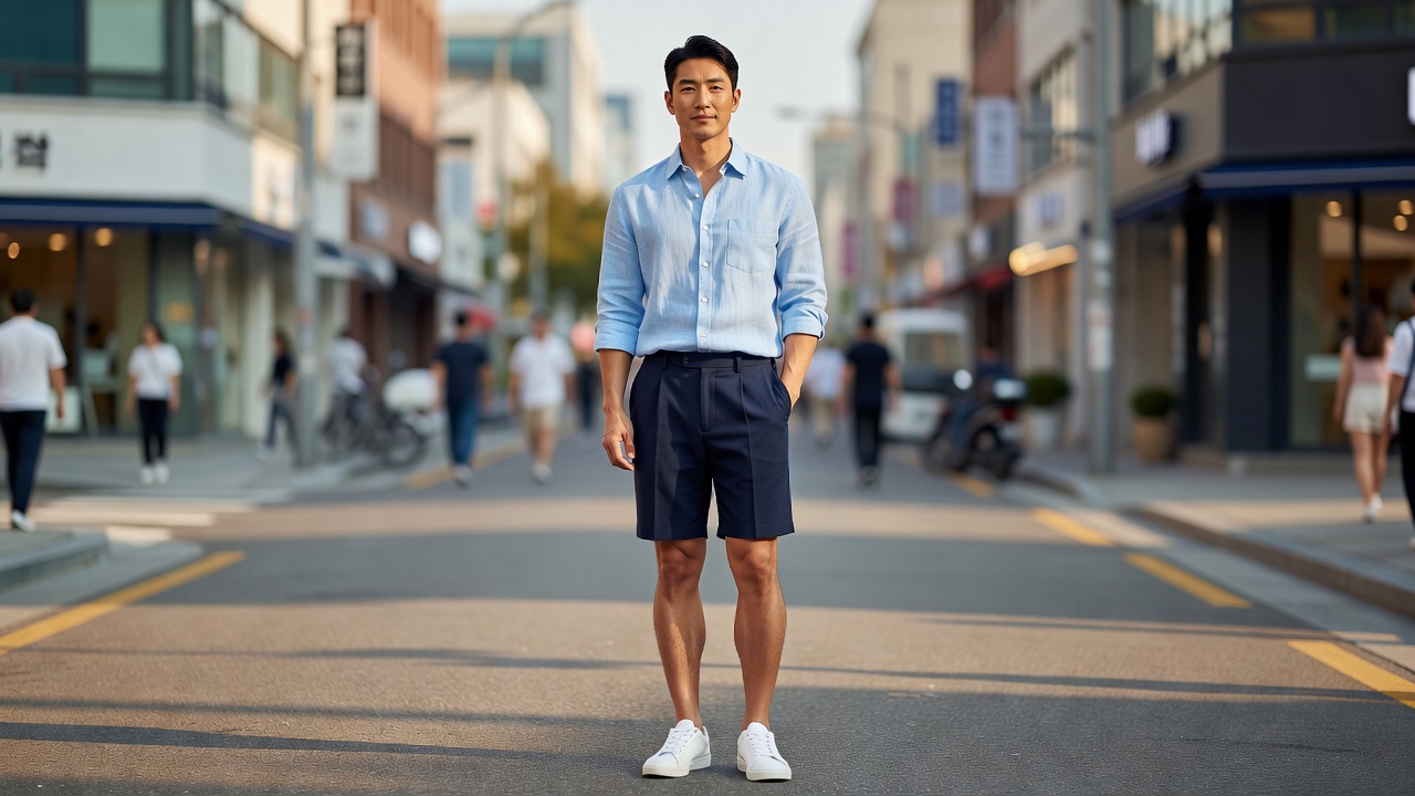 여름 남성 린넨 셔츠와 쇼츠 활용 스타일링