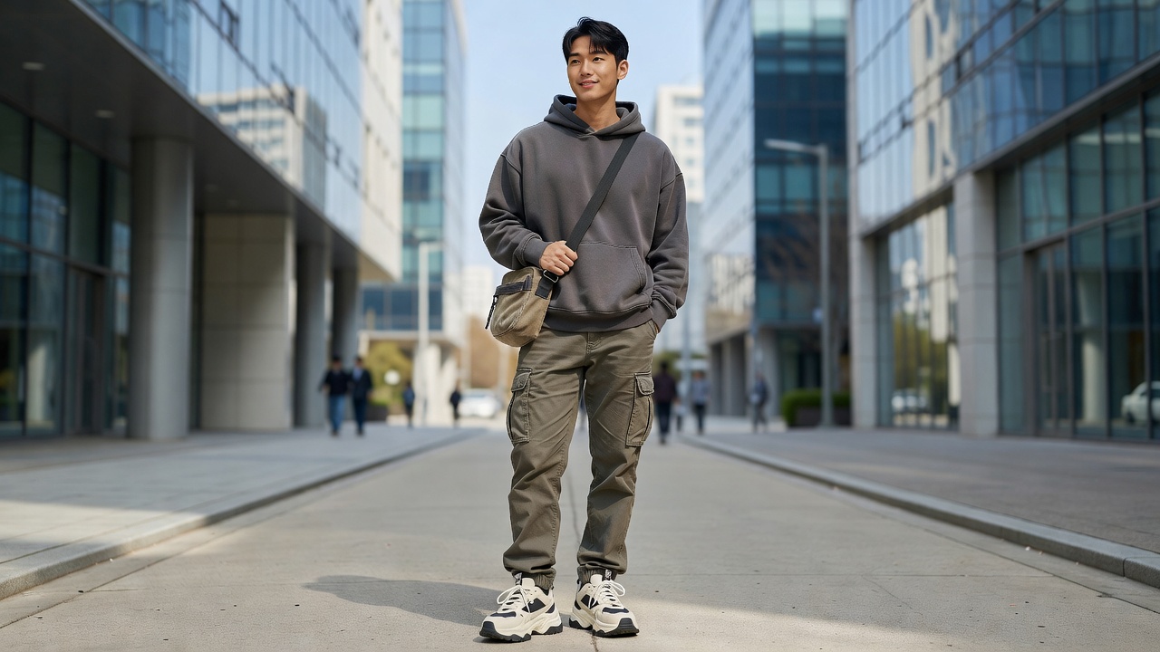 스트릿 무드 남성 스타일링 목차를 나타내는 도시 스트릿 패션 장면