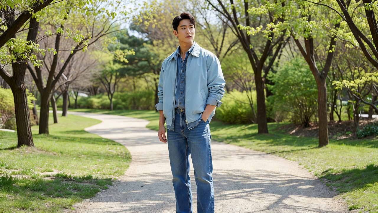 봄 남성 블루종 코디 가이드의 데님 레이어드 예시